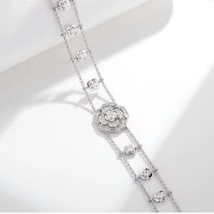 Silver Floral Double-Row Choker Necklace with Crystal Accents